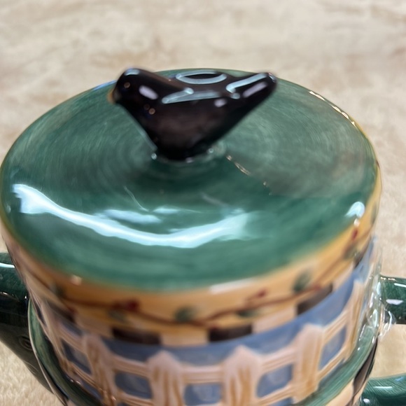 Sakura Debbie Mumm Ceramic Birdhouses Picket Fence Teapot With Blackbird on Lid - Picture 8 of 15